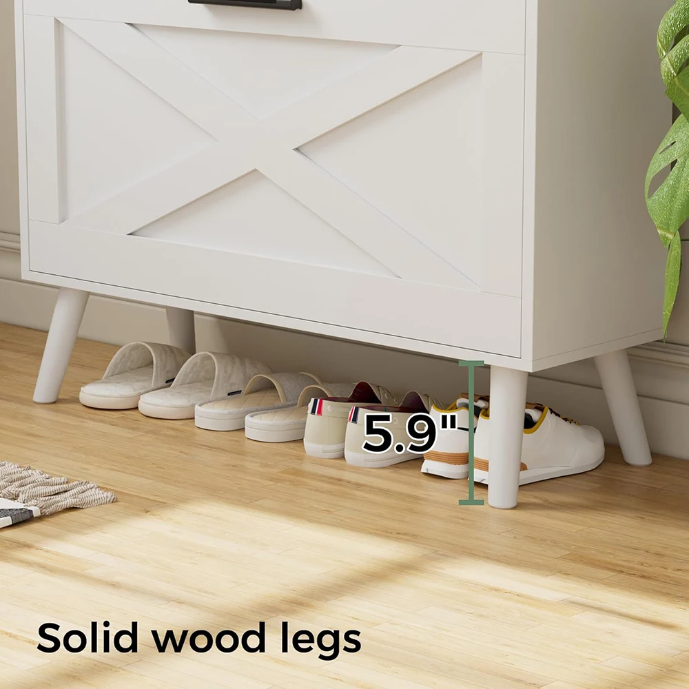 32\" Modern Farmhouse White Shoe Storage Cabinet 2 Flip Drawers Barn Door Design Adjustable Shelves Slim Narrow Shoe Rack details