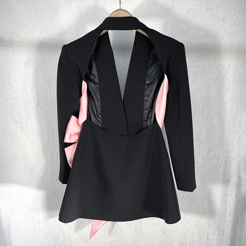 TWOTWINSTYLE Casual Color Block Backless Patchwork Bowknot Lace Up Women Blazer