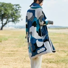 Coat Retro Style Geometric Color Block Elegant Long Wool Woollen Knitted Women Coat