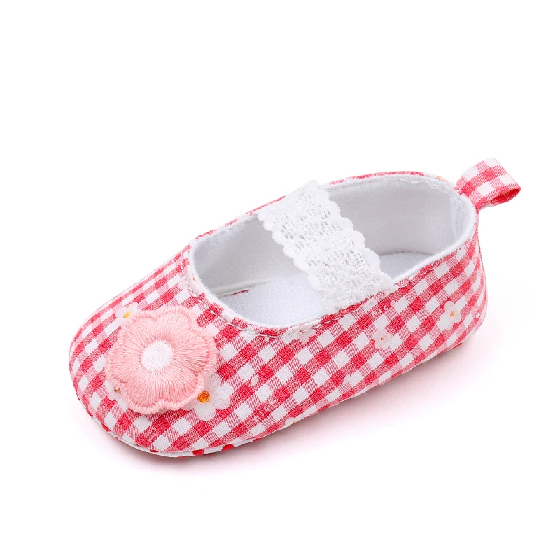 Fresh Plaid Solid Cute Little Flower Lace Elastic Baby Girls Princess Soft Soled Toddler Shoes factory