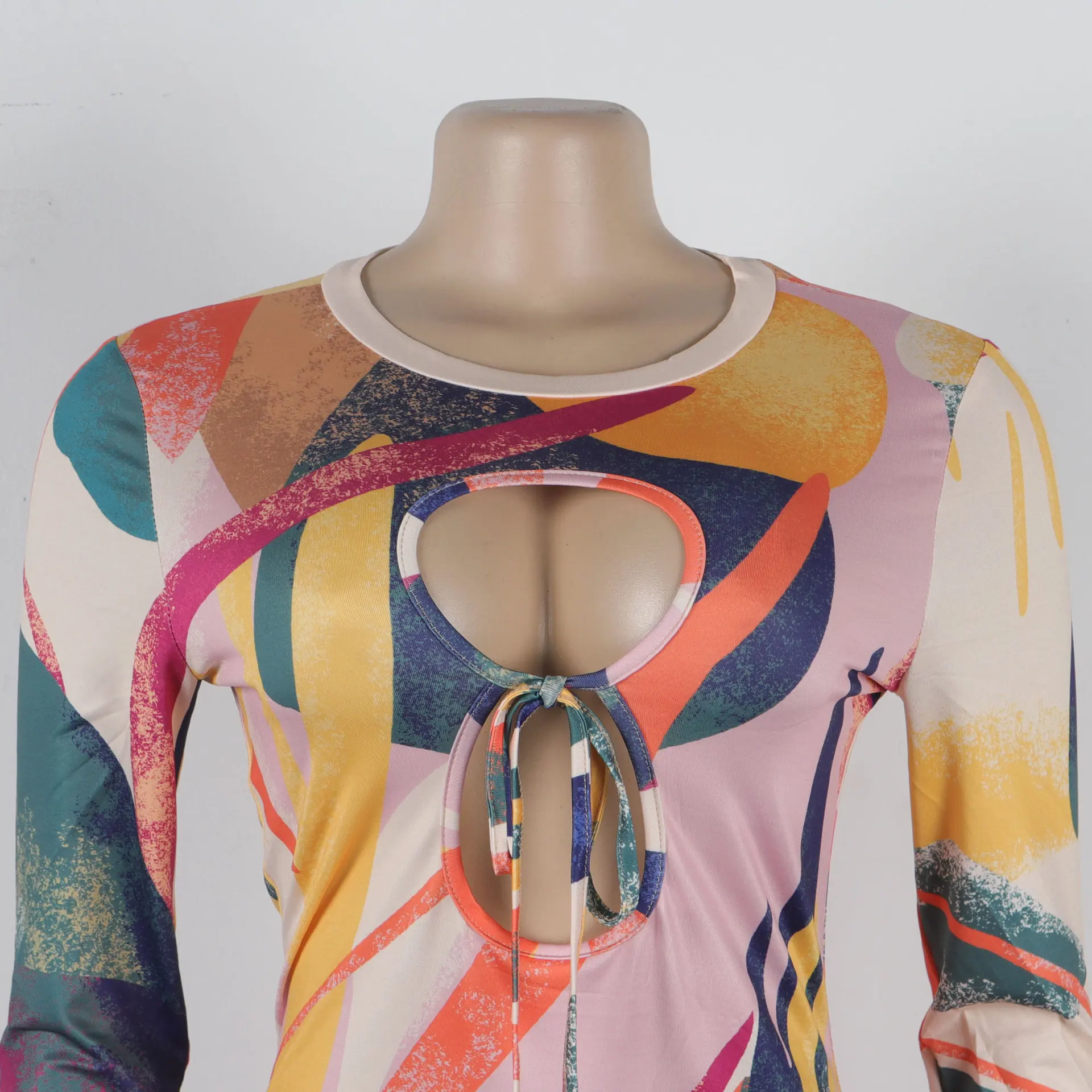 Vintage Empire Waist Summer European and American Style Printed Hollow Out Bodycon Stretch Slim Fit Long Sleeve Dress factory