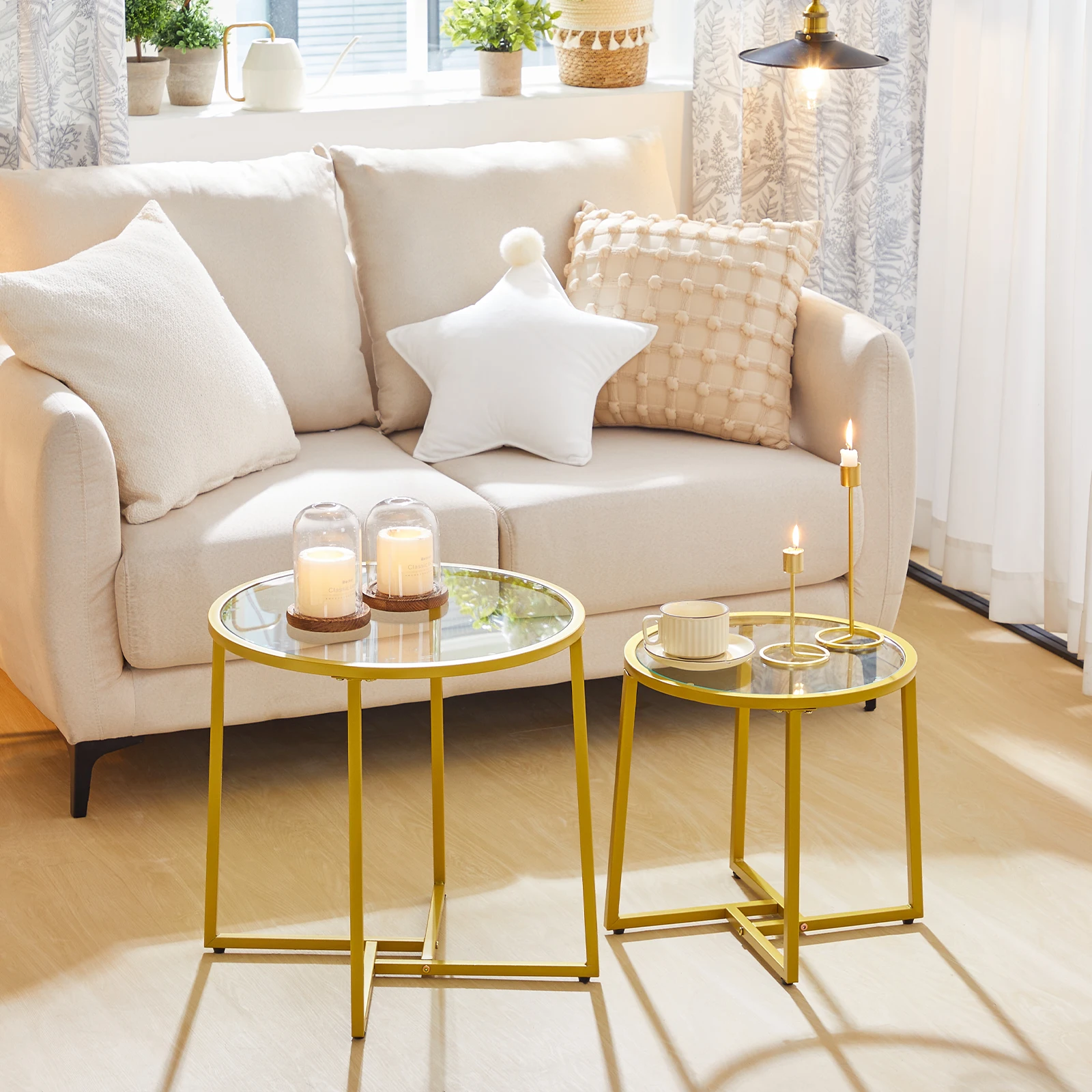 Wholesale Living Room Modern Round Nesting Glass Gold Coffee Table Set of 2 Center Table Stacking Side End Table with Storage