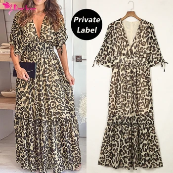 Dear-Lover Private Label High Quality Leopard Print Ruffled Sleeve Drawstring Chiffon Long Dresses Women Lady Elegant