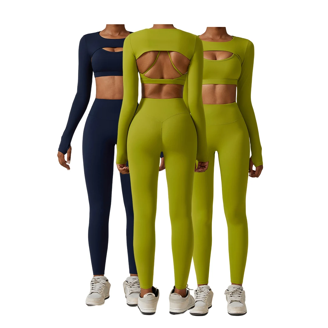 3 Piece Yoga Shorts Set for Women  High V Waisted Pants Sports Bra Jacket Fitness Suit Shockproof Tight-Fitting Yoga Clothing