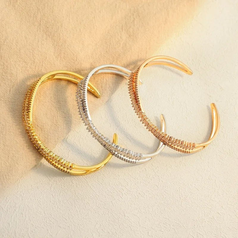 trendy women copper with zircon gold open bangles open rings jewelry set