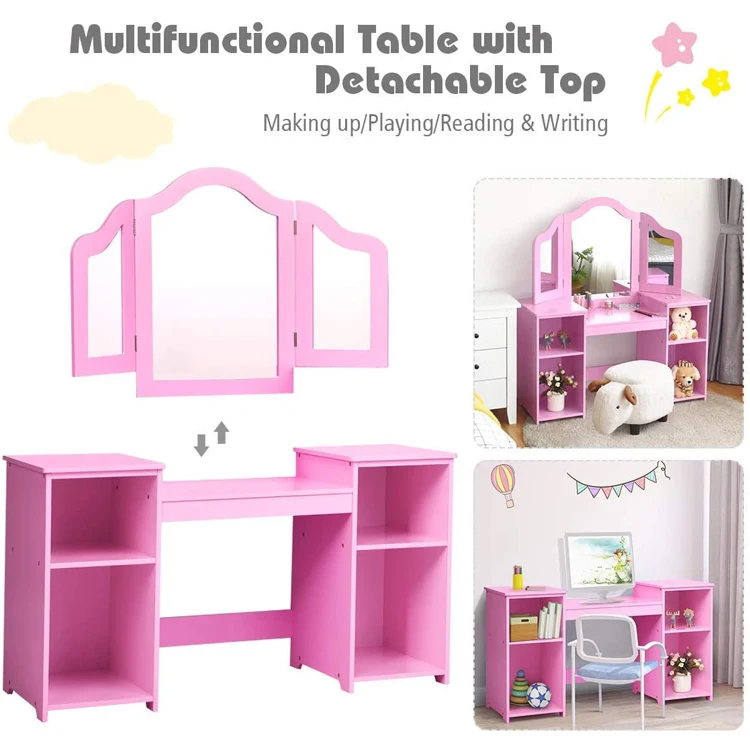 pink wood design kids vanity 2 in 1 Princess Makeup Desk Dressing Table with mirror and storage Shelves