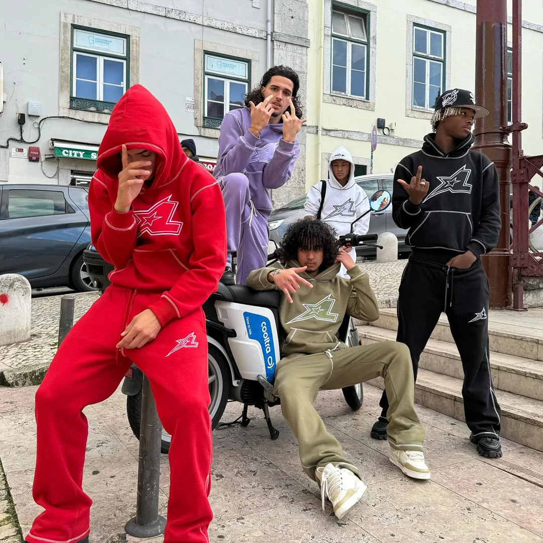 product customizable tracksuit manufacturer men heavyweight brushed fleece street hip hop screen printed hoodie matching leg sweatpants-3