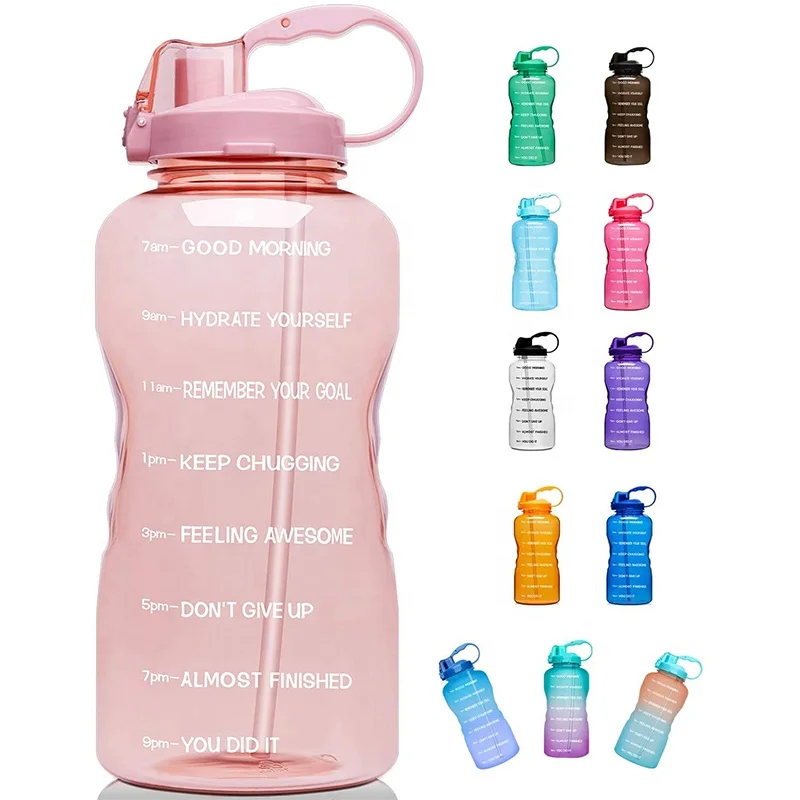 Big Reusable Tritan BPA Free Daily Water Intake Bottle for Running Fitness Blue to Purple Gym， Outdoor Sports and Work 1 Gallon Water Bottle with Straw & Motivational Time Markings 