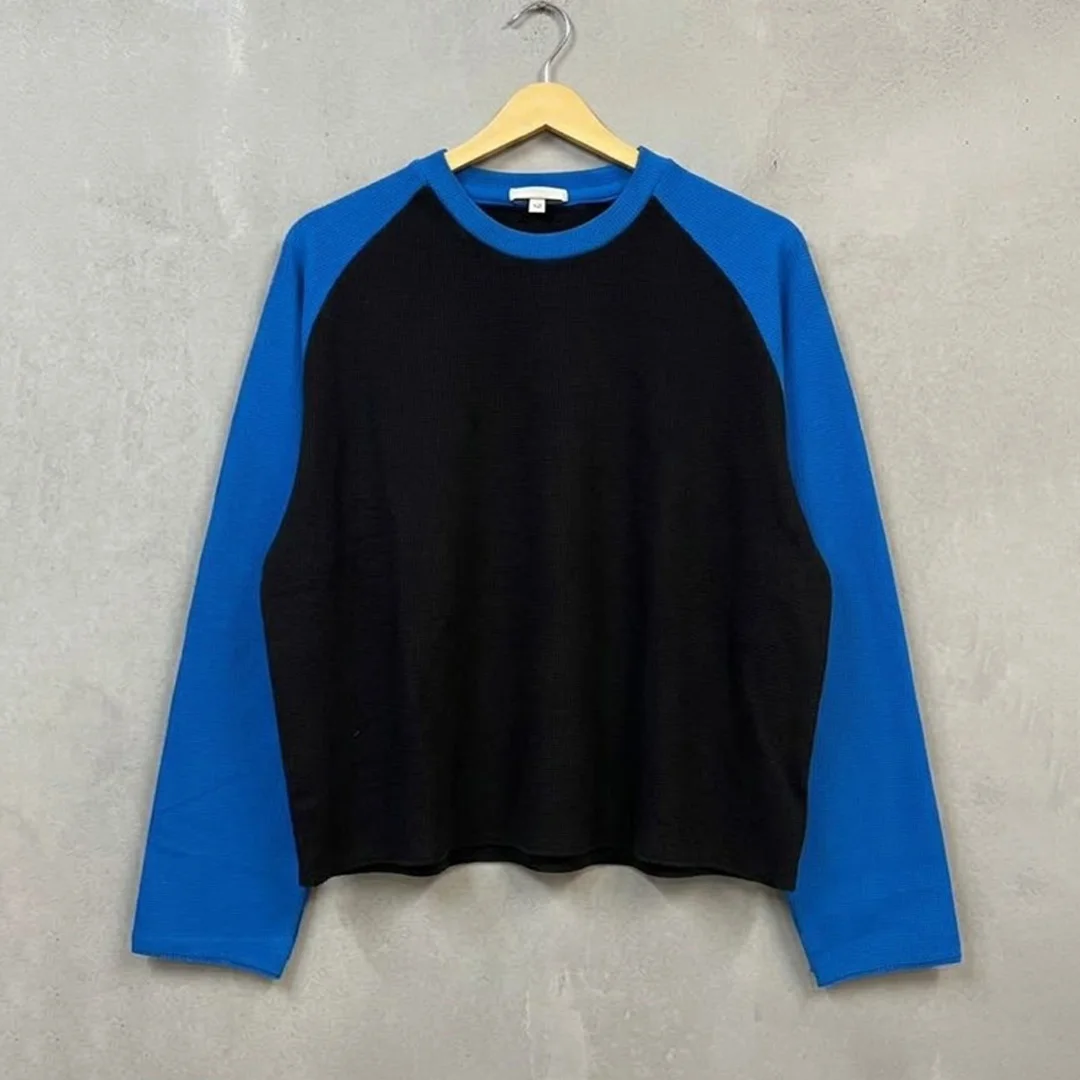 product custom premium knit fabric mens waffle raglan blank solid color long sleeve t shirt loose boxy streetwear casual tee-3