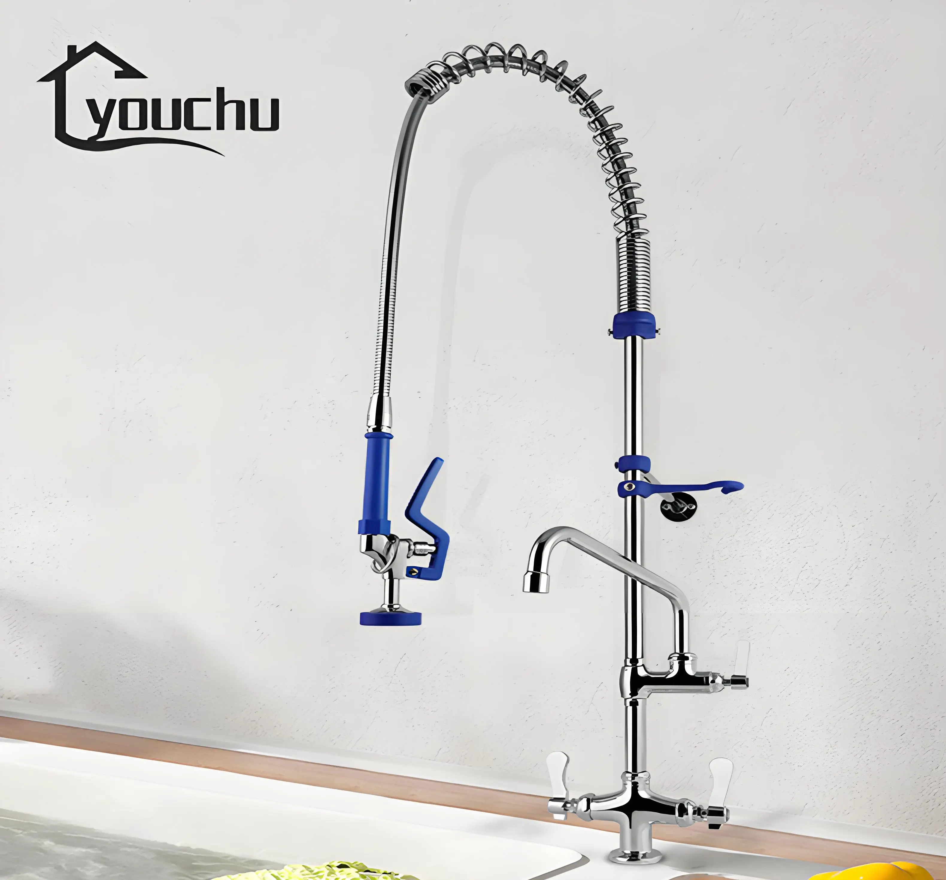 Pre Rinse Commercial Kitchen Faucet Luxury 2-Handle Deck Mounted Sinks 304 Stainless Steel Mixer Sink Taps Chrome Hot Cold Water supplier