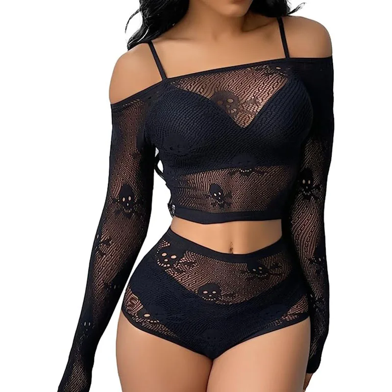 Women S Fishnet Off The Shoulder Lingerie Set Sexy Black Mesh Bodysuit