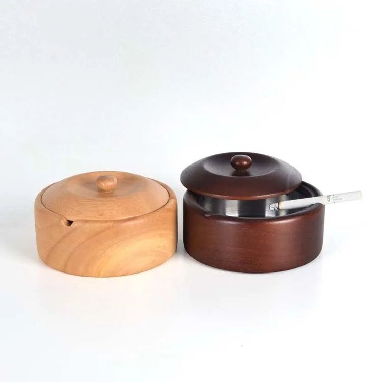 Custom High Quality  Round Bamboo Accessories Metal Wooden Ashtrays Holder Support Inox Cigar Ashtray