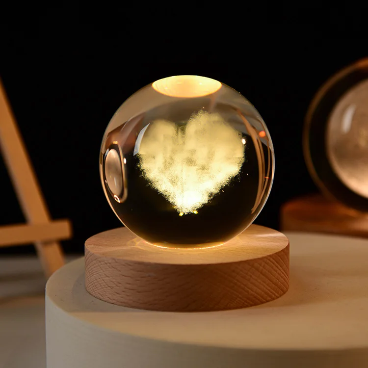 60mm Glass Solar System Planet Sphere 3D Laser Engraved Galaxy Crystal Ball with Wood LED Light Night Lamp for home decor