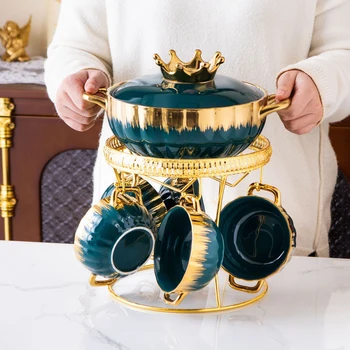 NISEVEN Ceramic Soup Pot Set Ceramic Bowl with Gold Plated Edge Ceramic Soup Pot with Bowl Set