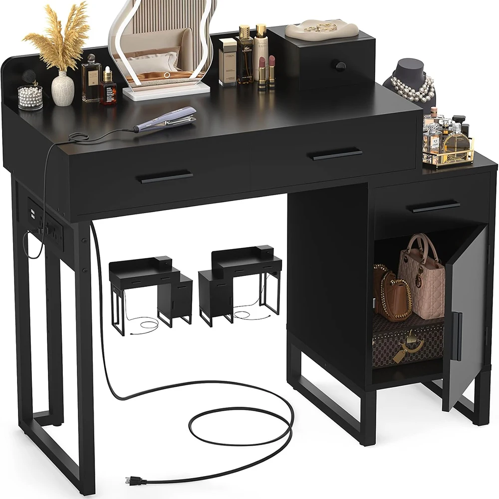 Modern Reversible Black Vanity Desk 4 Storage Drawers Charging Station Divided Organizers for Women Girls Makeup Vanity Table details