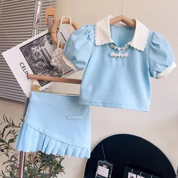 Korean style girls clothing sets fashion short sleeve shirts+skirts boutique solid toddler summer outfits with small MOQ