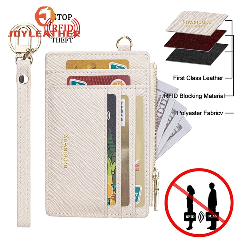 Custom Print PU Leather Zipper Small Compact Slim RFID ID Credit Card Holders Wristlet Keychain Wallets