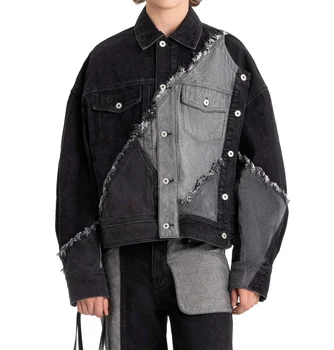 Custom High Quality Fashion Fall Casual Vintage Street Wear Unisex Ripped Spliced Black and Gray Men's Jackets Denim