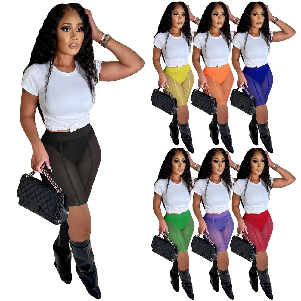 2023 New Arrivals Women's Summer Clothing See Through Plus Size Sheer Sexy Bodycon Mesh Shorts With Panties