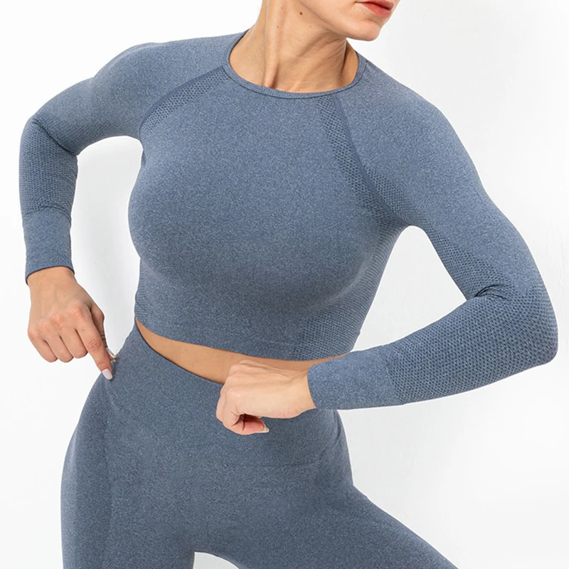 Seamless knitted sexy solid color long sleeve top yoga wear women's sports running fitness breathable T-shirt