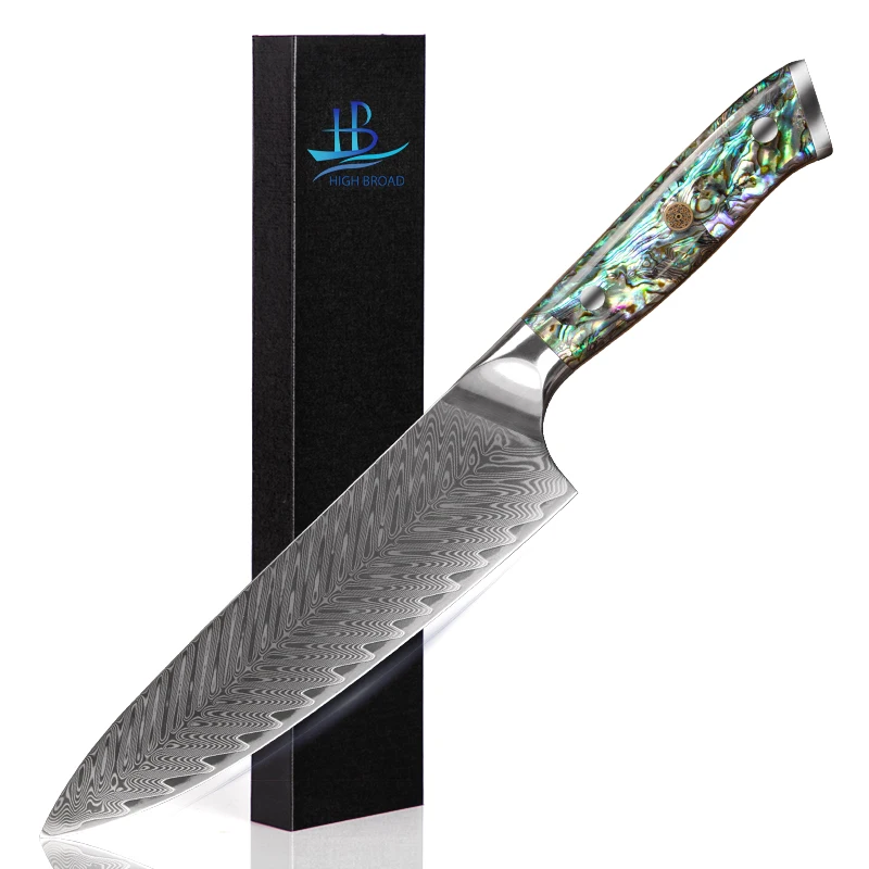 Carbon Japanese 10cr15comov Damascus Steel Kitchen Chef Knife with Abalone Resin Handle