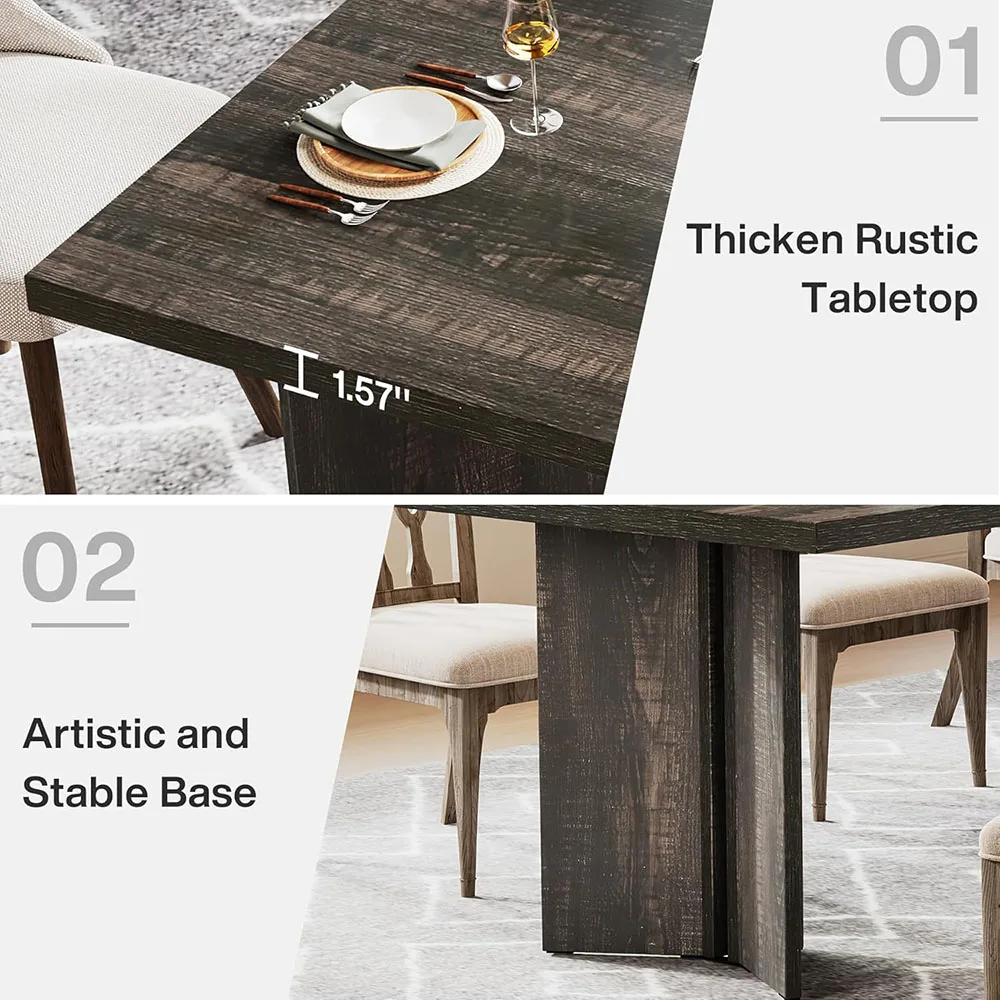 Modern Rustic Rectangle Dining Table Wood & Metal Construction Iron Legs 6-8 Person Durable Home Dining Furniture details