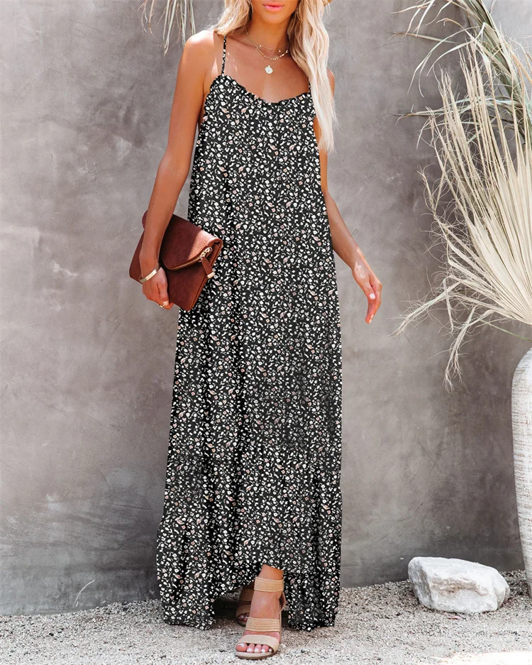 holiday beach floral dress spaghetti strap loose women maxi dress
