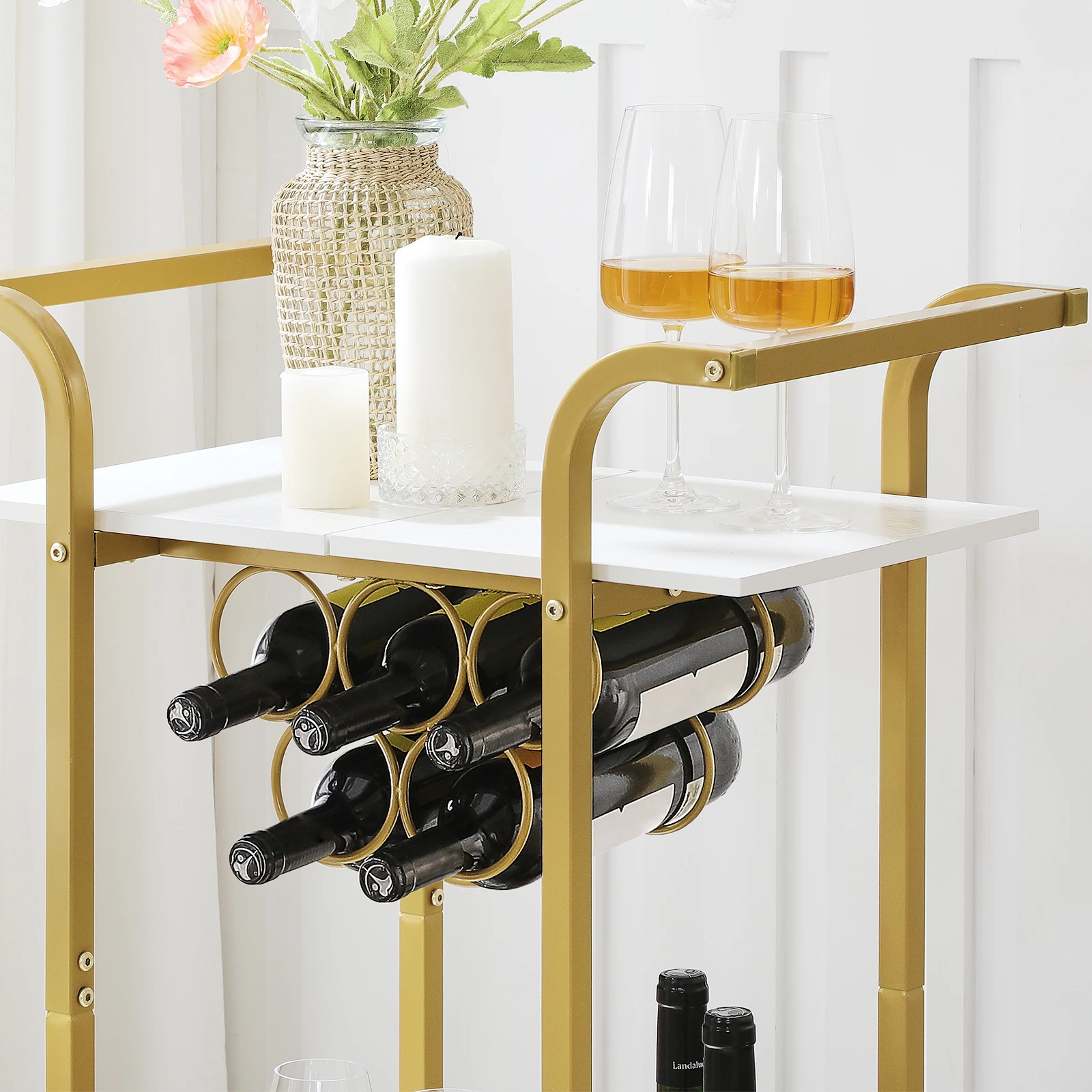 Wholesale Gold Luxury Kitchen Bar Cart Serving Carts Rolling Trolley 2-tier Wine Trolley Kitchen Cart on Wheels with Wine Rack