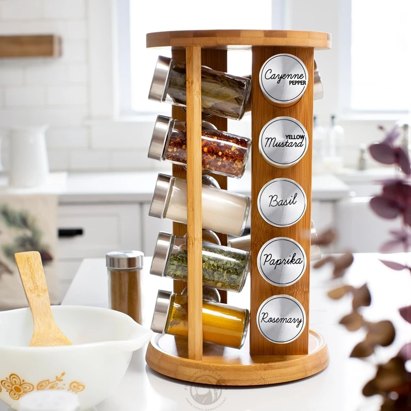 Premium Bamboo Rotating Spice Rack 20 Jars Revolving Spice Rack Tower Organizer for Kitchen