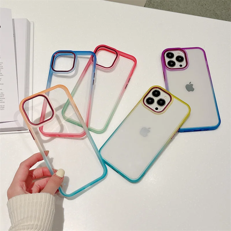 Luxury Gradient Clear Cell Phone Case For iPhone 15 14 13 12 11 Pro Max Soft TPU Bumper Hard Acrylic Back Cover