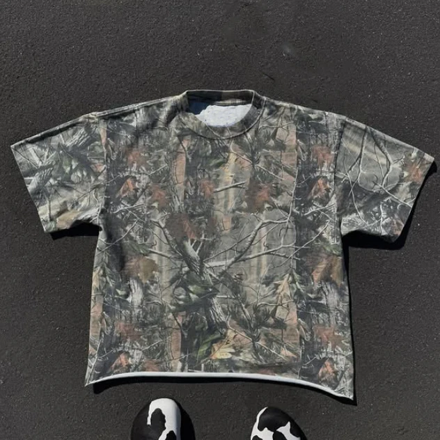 Summer Custom Organic Cotton Camo Camouflage Round Neck Boxy Fit Short Sleeve Tees Graphic t Shirt Men factory