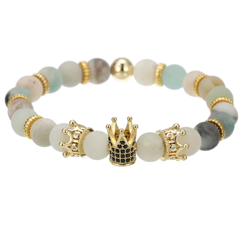 Fashion Luxury Adjustable Cz Charms Onyx Lava Agate Tiger Eye Set Beads Lava Healing Natural Stone King Crown Bracelet For Men