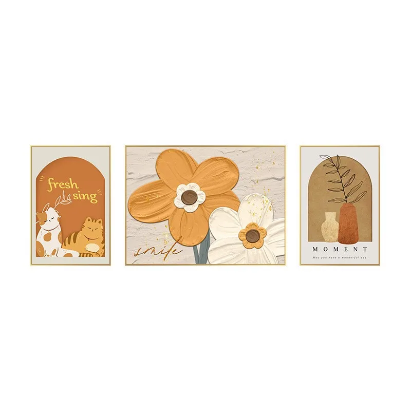 Floral Cat Gallery Wall Art Set Canvas Print Yellow White Daisies Green Earthy Tones Minimalist Whimsical Living Room Home Decor