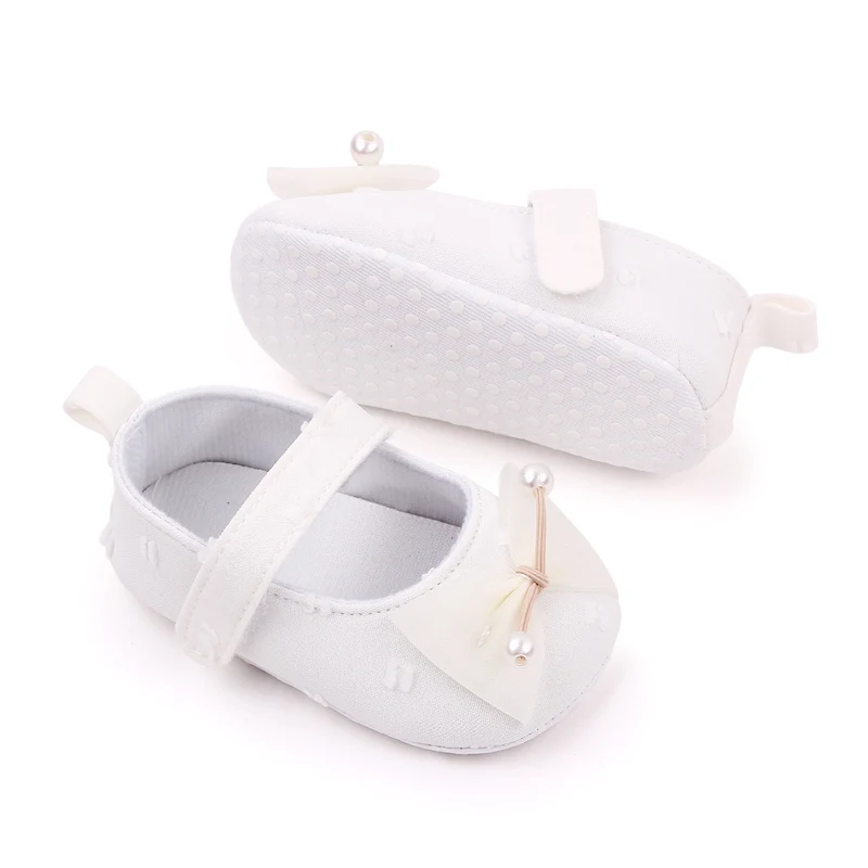 New Solid Color Pearl Yarn Bow Soft Soled Non-slip Princess Toddler Shoes for Baby Girls details
