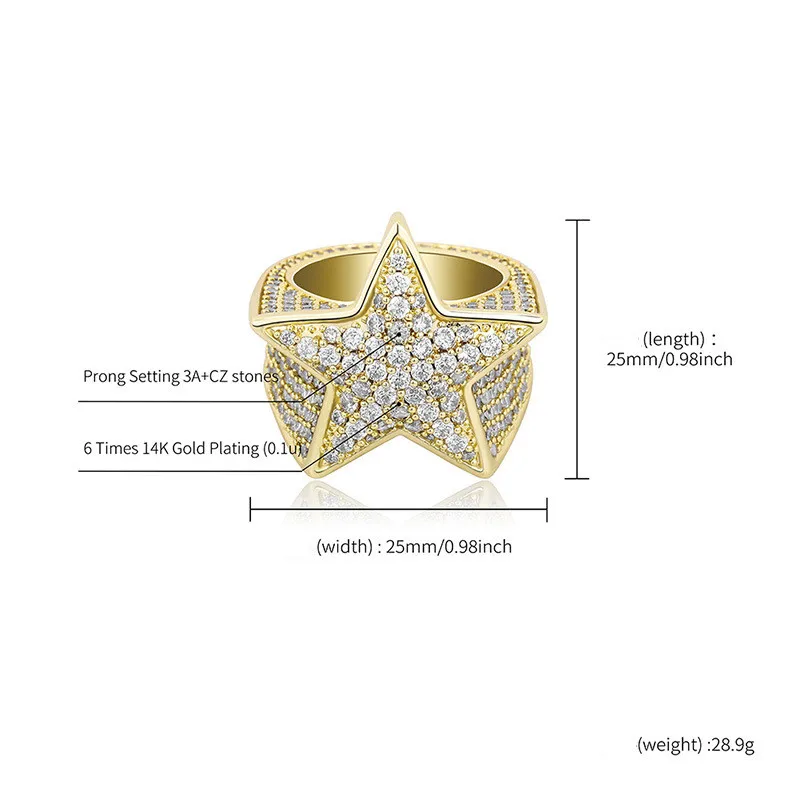 2020 INS New fashion INS European style rapper rings star shape iced gemstone gold plating rose gold color ring for women & men