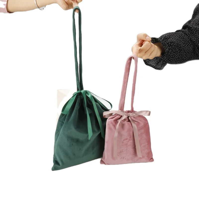 Fashion Velour Drawstring Bag With Handle Velvet Cosmetic Travel Bag