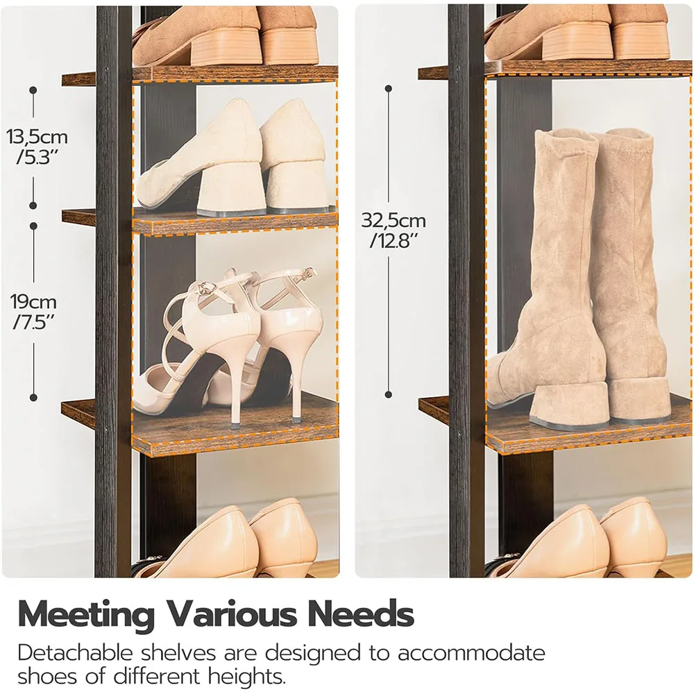 7 Tier Rustic Brown Wooden Vertical Shoe Rack Modern Design Narrow Space-Saving Shoe Tower for Bedroom & Living Room details