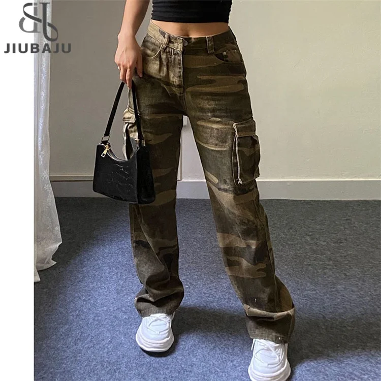 Camouflage Jeans Woman High Waist 2023 Trend Trousers Fashion Cargo Y2k Straight Pants