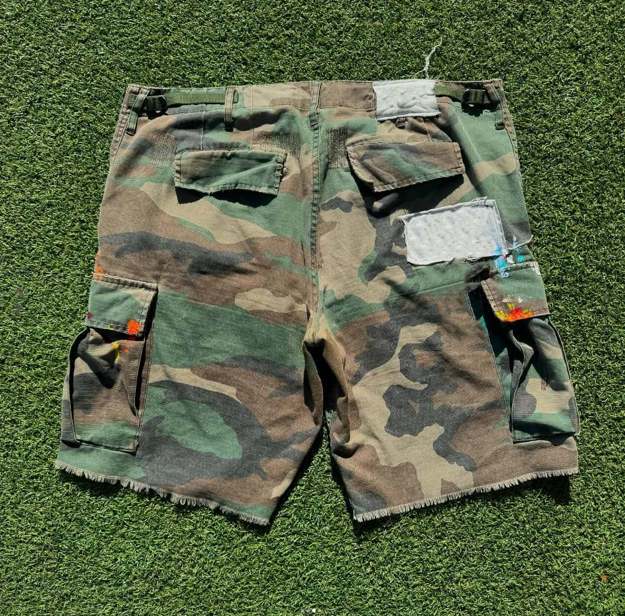 Manufacturer Custom Utility Pocket Camo Distressed Ripped All Over Print Camouflage Jorts Cargo Jeans Denim Shorts for Men manufacture