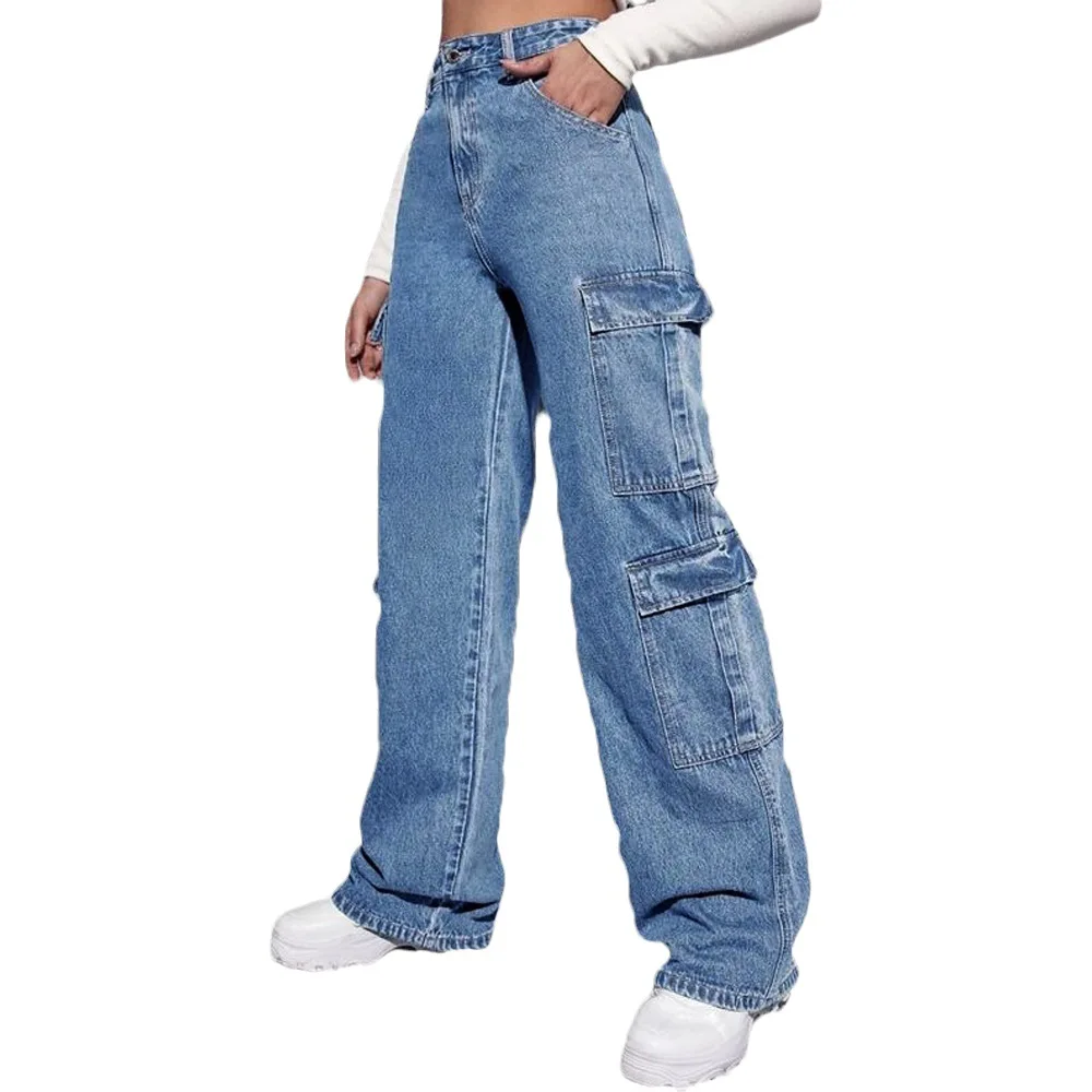 Wholesale High Quality High Waist Pocket Cargo Pants Jeans Women Pocket Boyfriend Jeans factory