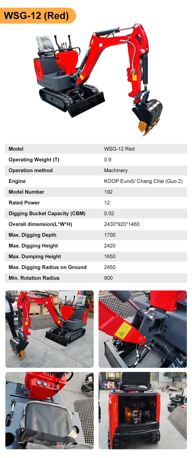 wsg CE EPA China mini Hydraulic excavators small mini excavator 1ton 2 ton cheap price for agricultural excavator