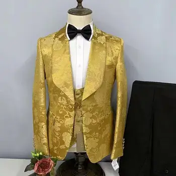 Tuxedo Suit for Wedding Groomsman 3pcs Set Fashion Party Banquet Blazers printed Mens Suits Costume Homme