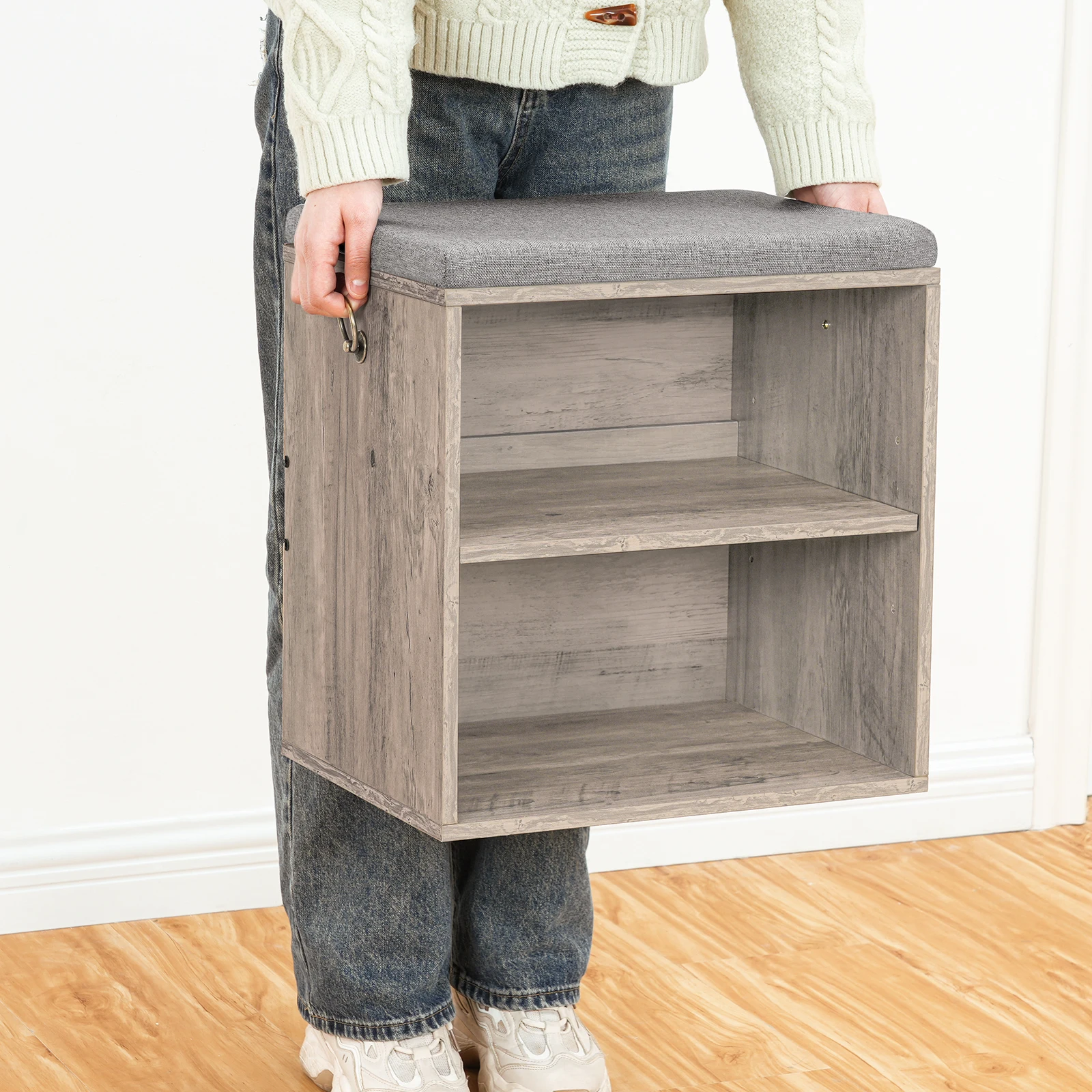 White Grey Wooden Hallway Entryway Small Space Shoes Storage Bench,Shoe Cabinet With Cushion Seat,Shoe Bench With Shoe Storage