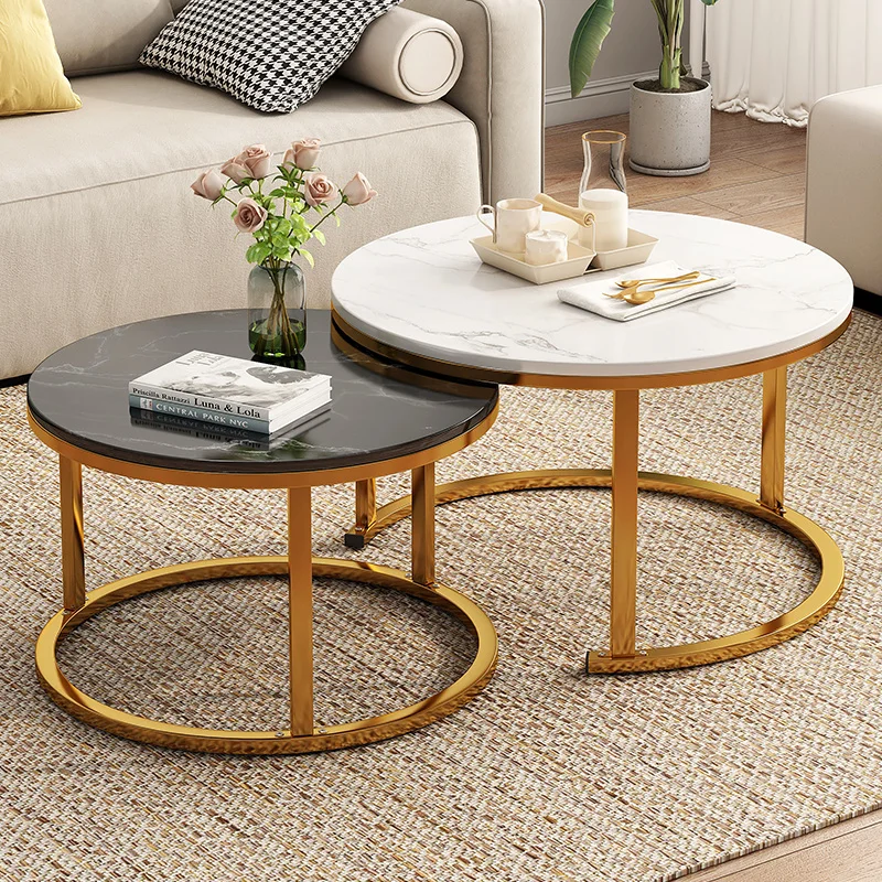 Modern living room  minimalist black white combination style  round wood fashion coffee table