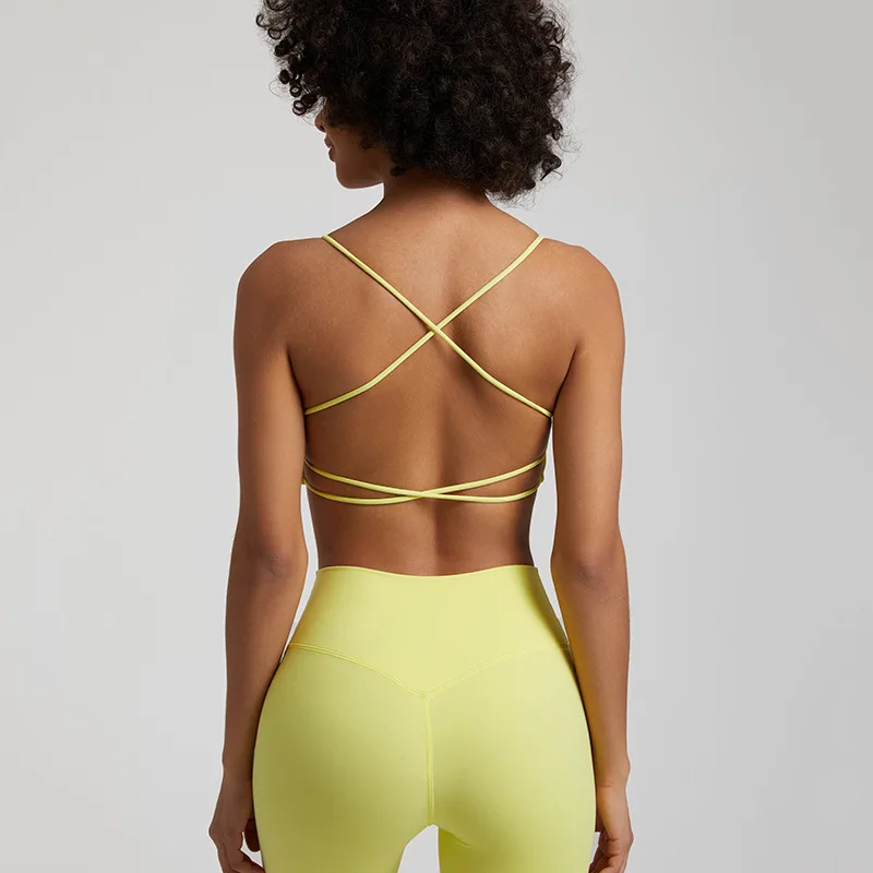 Sexy Backless Crisscross Yoga Tank Top Women High Neck Lace Up Back Sports Bras with Removable Pads Running Workout Crop Tops
