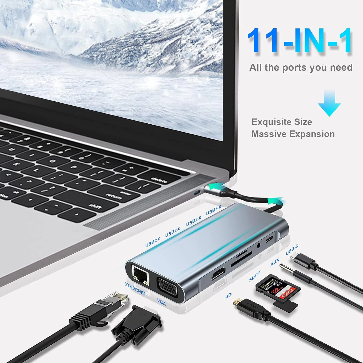 11 in 1 Usb C Hub Adapter 12 USB C Adapter 11 in 1 Dongle with 4K HDTV, VGA, Type C PD, USB3.0, RJ45 Ethernet, SD/TF Card Reader, 3.5mm AUX, Docking Station