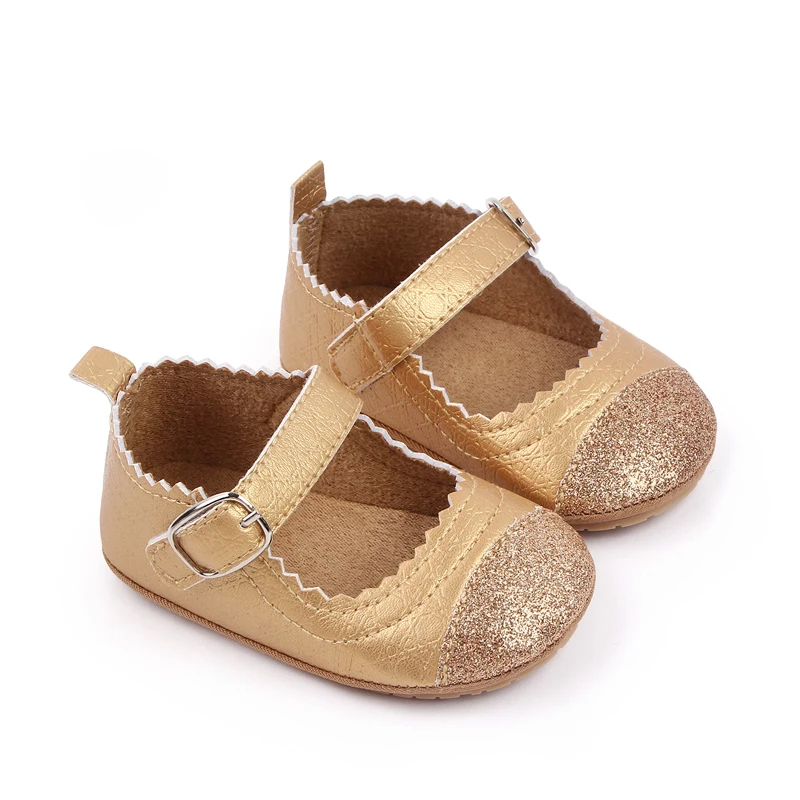 product shiny glitter pu leather matching color solid color wavy lace princess toddler shoes for baby girls-6