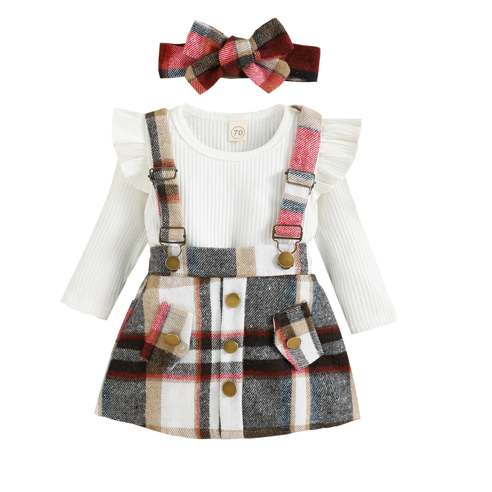 Newborn baby girls autumn clothes set kids ruffle long sleeve romper top+plaid suspender skirt+headband toddler outfits