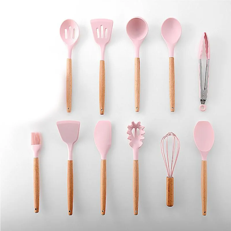 OEM & ODM Silicone Kitchenware Set Pink Customized Kitchenware Wood Sets Wholesale Reusable Eco-friendly Kitchenware Set