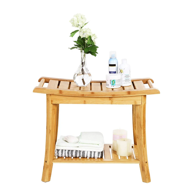 Bamboo Shower Bench Bathroom Stool Spa Bath Shower Stool with Storage Shelf Wood Bench for Indoor Outdoor Use